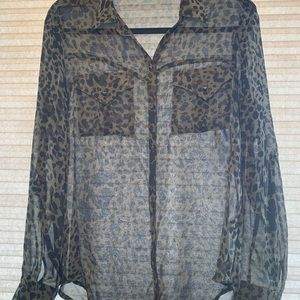 Rock & Republic sheer green leopard print top with metal accents, size M